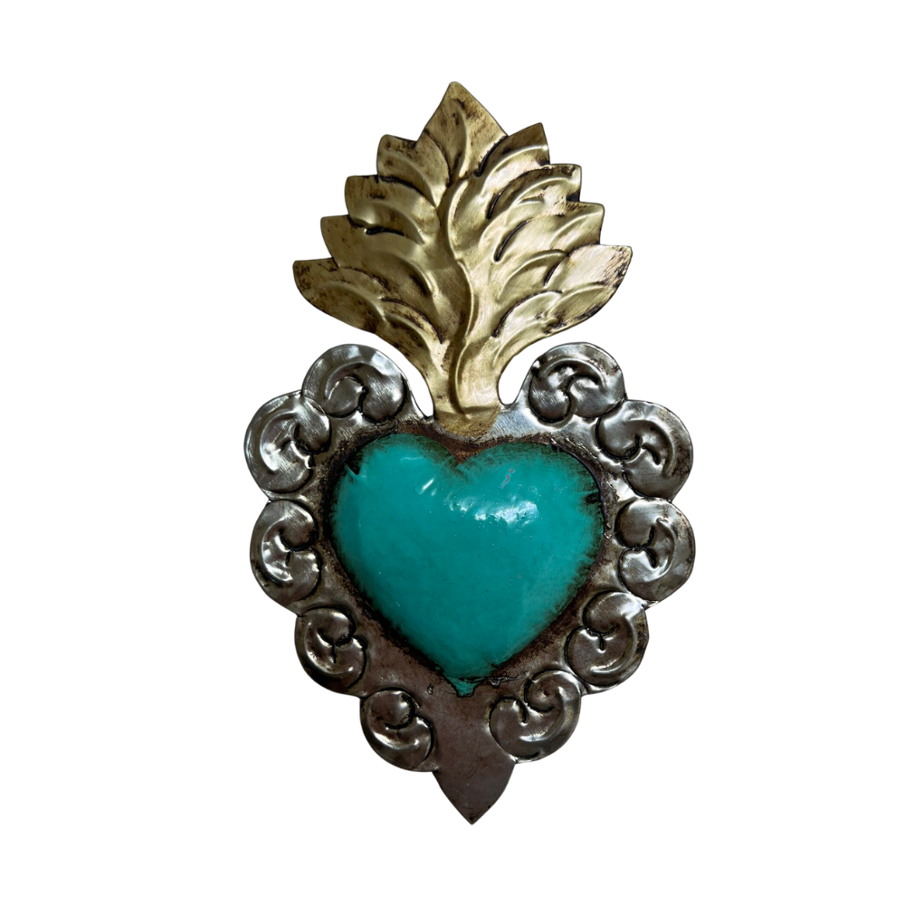 Tin Turquoise Heart w Flame - 18cm